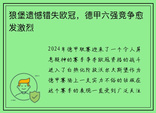 狼堡遗憾错失欧冠，德甲六强竞争愈发激烈